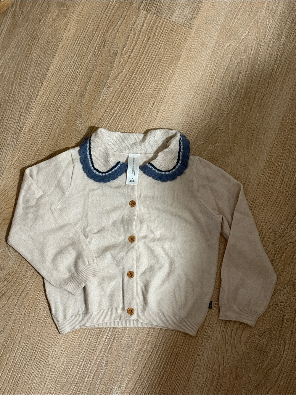 Kids Cream Cardigan with Blue Scalloped Collar